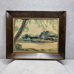 Vintage Original Watercolor Landscape Painting Framed Art Rustic Cottage Decor